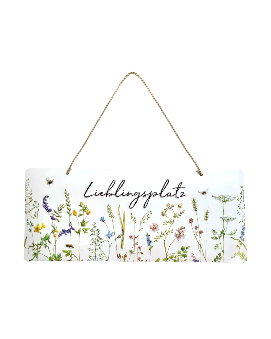 Metallschild Lieblingsplatz vom Grätz Verlag mit bunt illustrierten Bienen und Blumen auf weißem Hintergrund, Aufhängung mit Juteband.