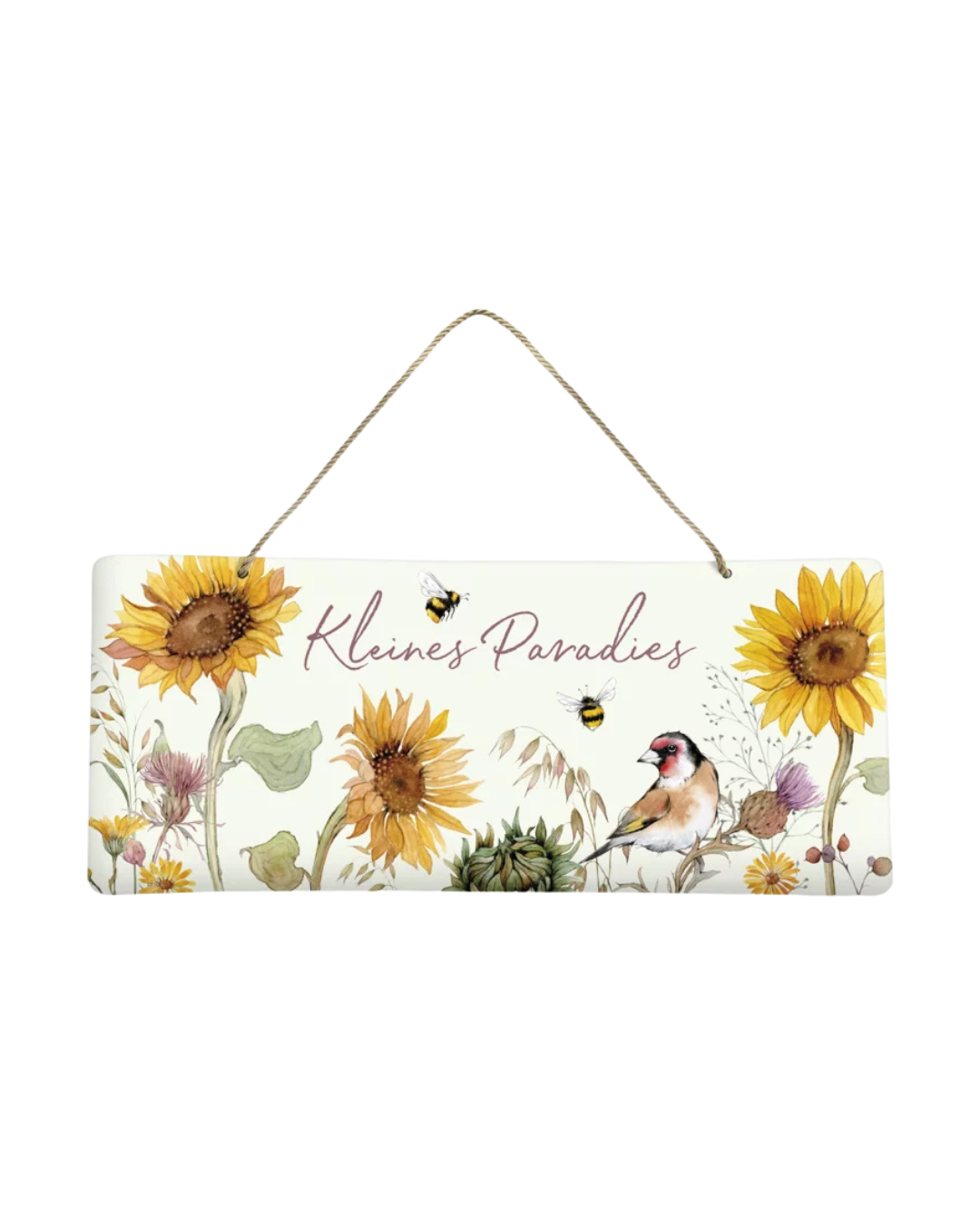 Metallschild Sonnenblumen vom Grätz Verlag mit bunt illustrierten Tieren und Blumen auf weißem Hintergrund, Aufhängung mit Juteband.