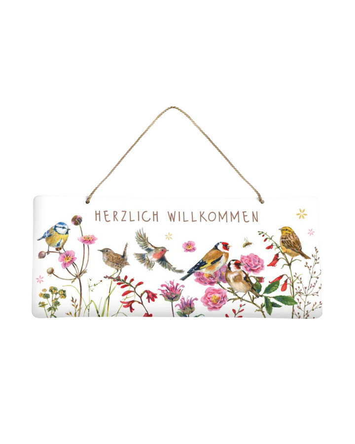 Metallschild Zeit für Harmonie vom Grätz Verlag mit bunt illustrierten Vögeln und Blumen auf weißem Hintergrund, Aufhängung mit Juteband.