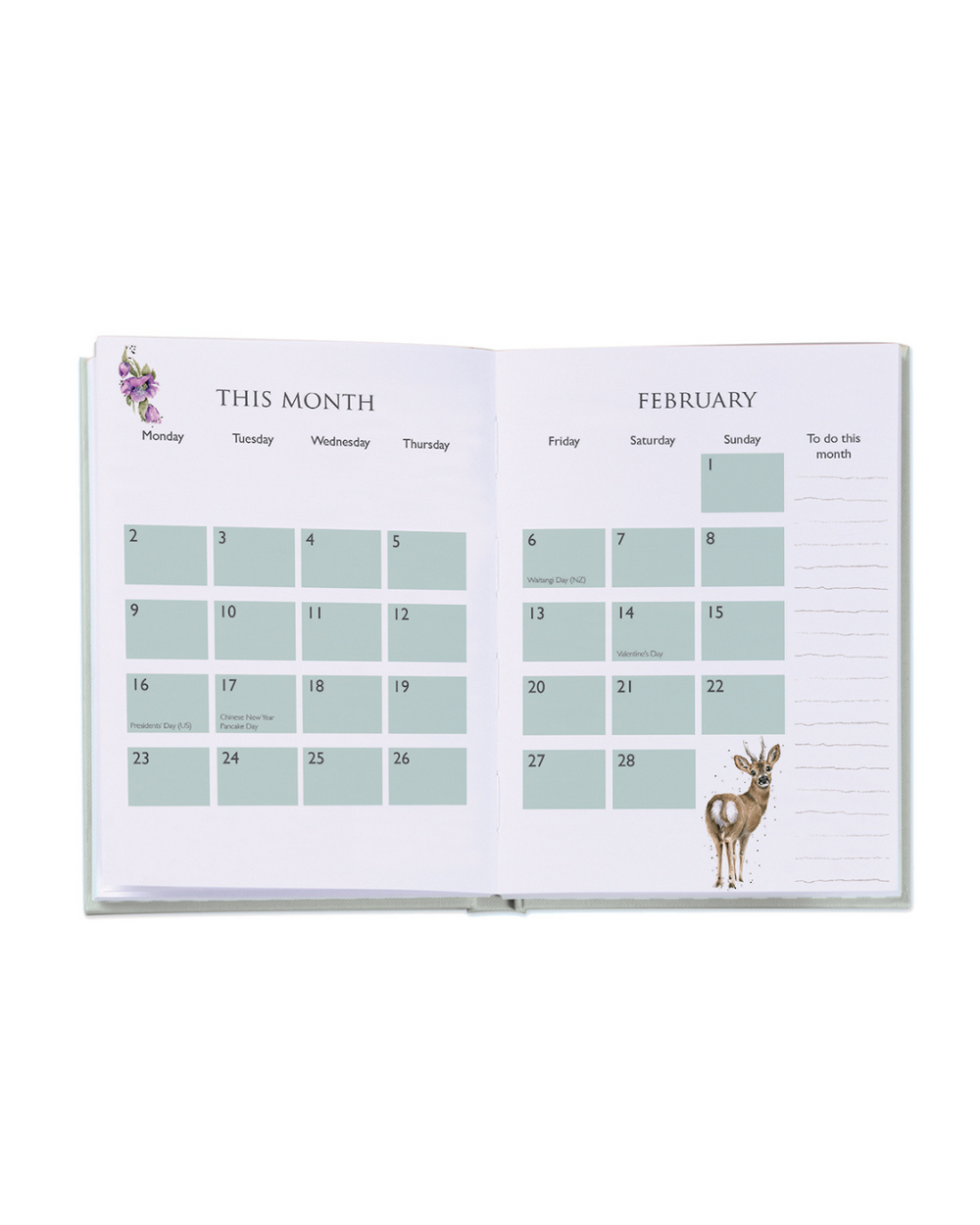 In der monatlichen Übersicht des Taschenkalenders 2026 von Wrendale Designs kannst du wichtige Termine und Events eintragen.
