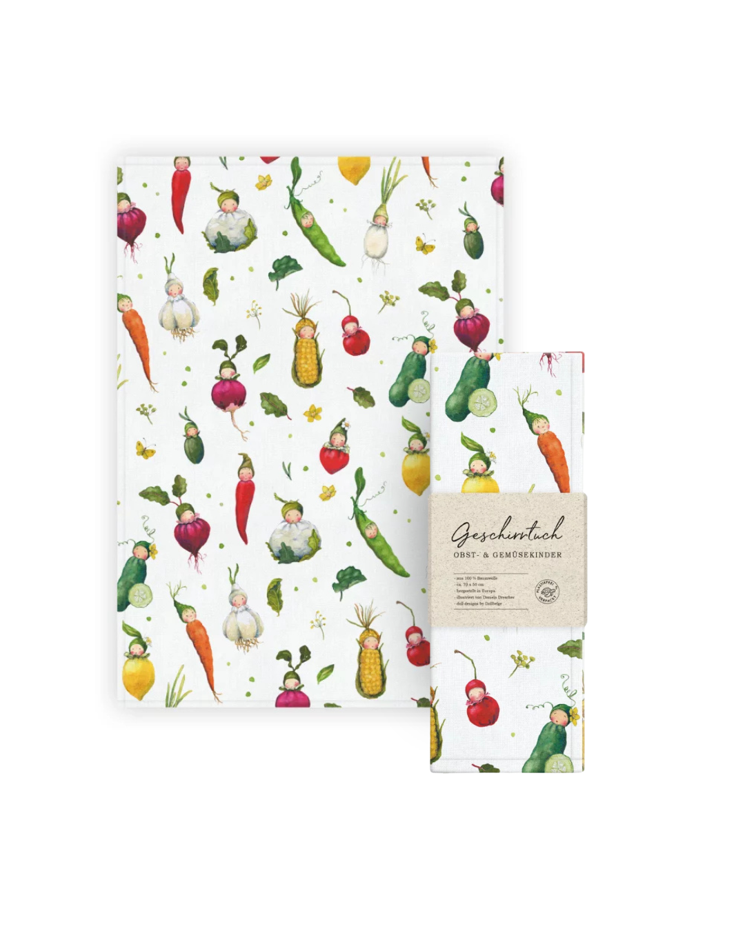 Küchenhandtuch „Obst- und Gemüsekinder“ vom Grätz Verlag vor weißem Hintergrund, ausgelegt mit sichtbarer Verpackung, fantasievolle Dollebelge-Motive von Daniela Drescher vor weißem Hintergrund.