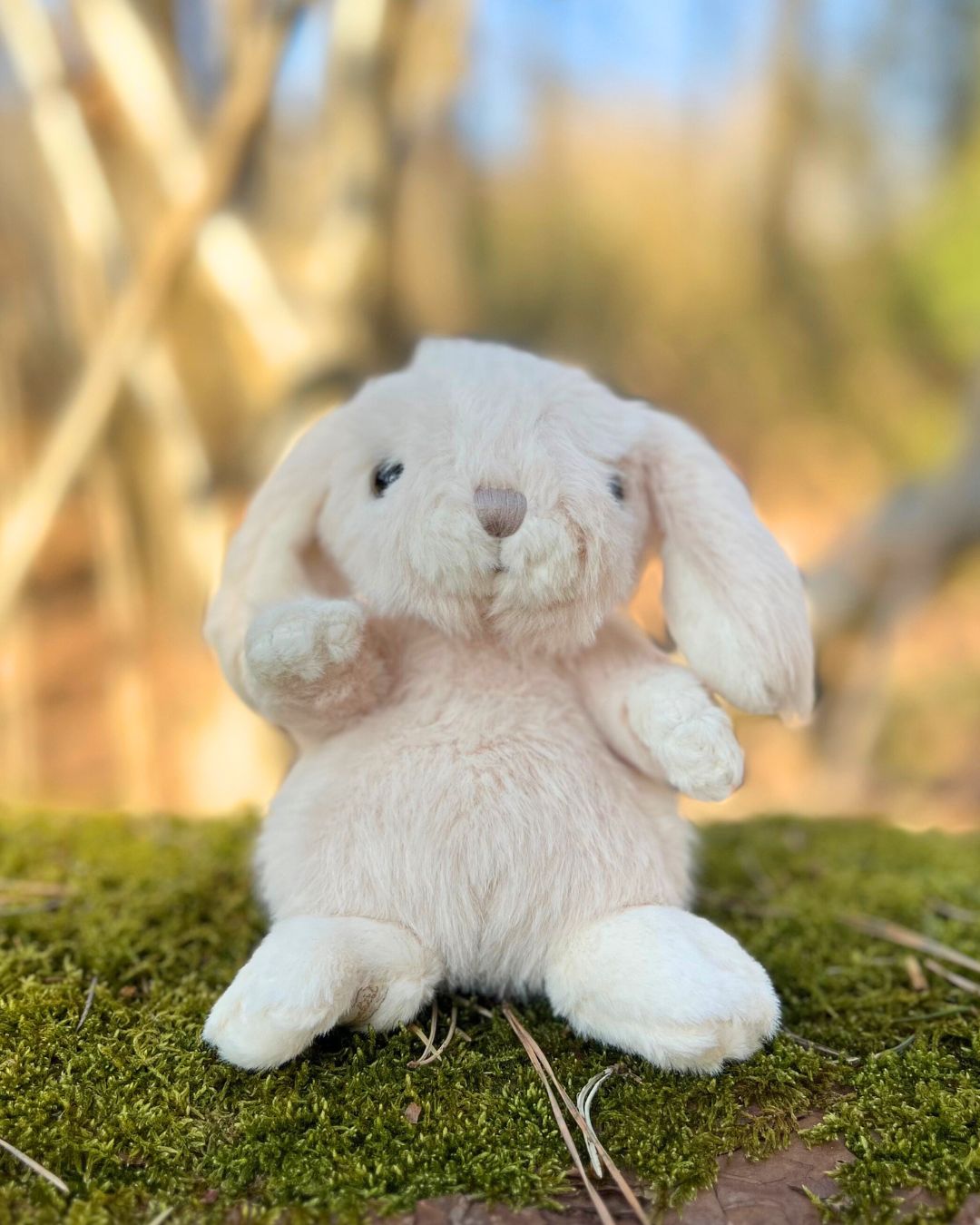 Pastell rosa Kanini Kuscheltier von Bukowski für Kinder im Wald.