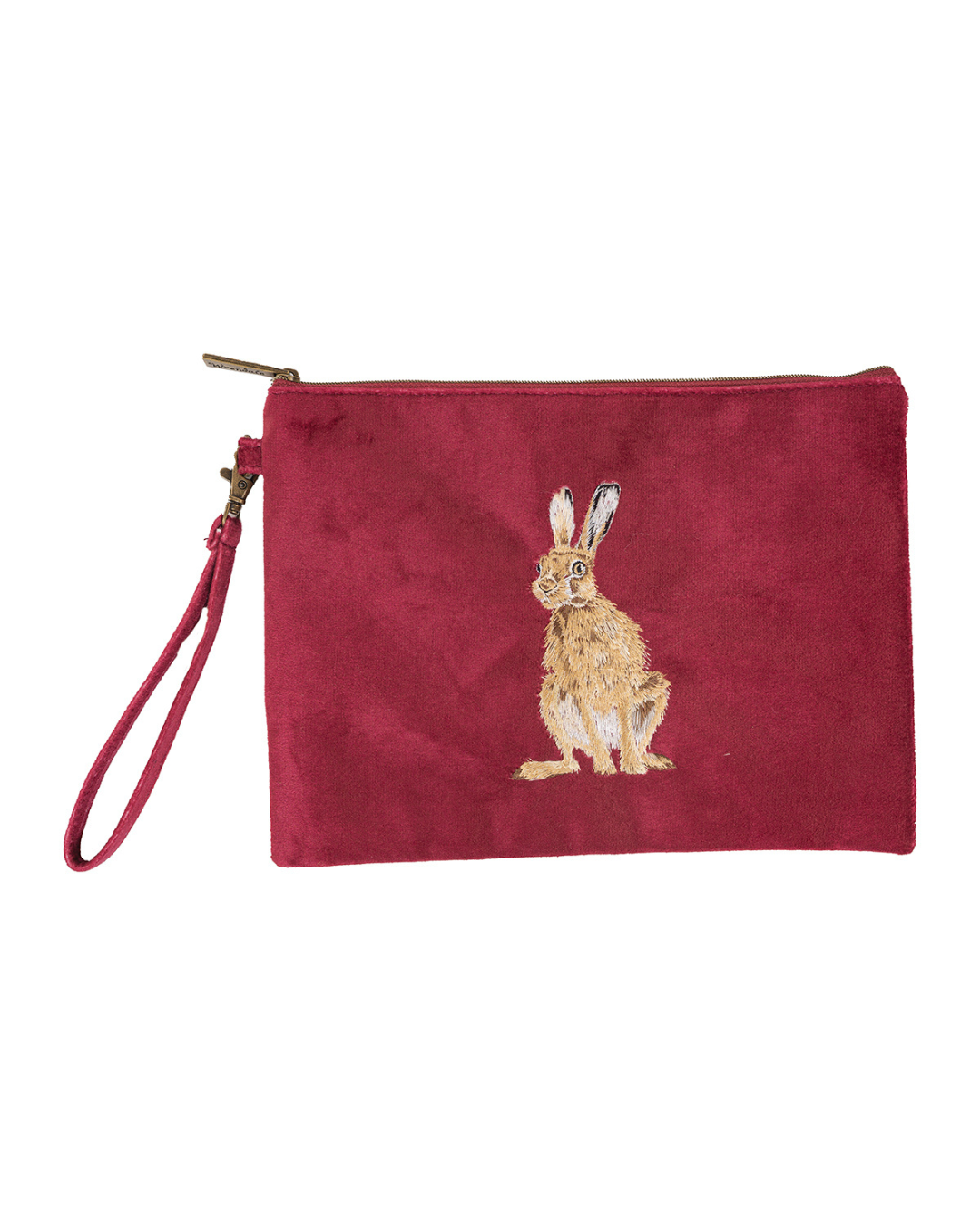 Reisebeutel von Wrendale Designs in Weinrot mit gesticktem Hasen und abnehmbarem Trageband – freigestellt auf weißem Hintergrund.