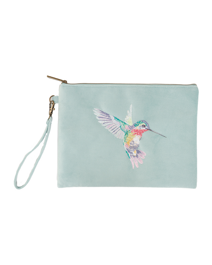 Reisebeutel von Wrendale Designs in Türkis mit gesticktem Kolibri und abnehmbarem Trageband – freigestellt auf weißem Hintergrund.