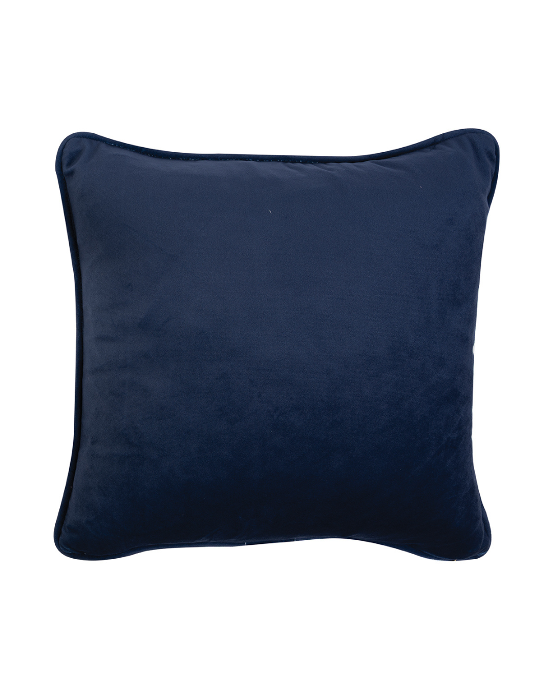 Rückseite des dunkelblauen Hochland Kuh Kissens aus Samt von Wrendale Designs auf weißem Hintergrund.