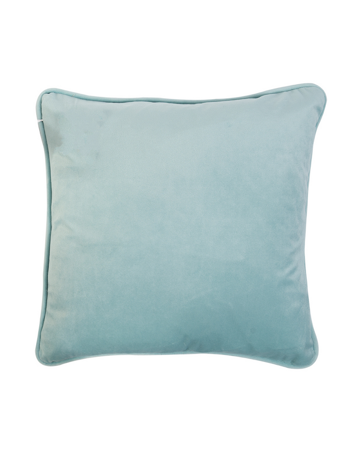 Rückseite des türkisen Kolibri Kissens aus Samt von Wrendale Designs auf weißem Hintergrund.