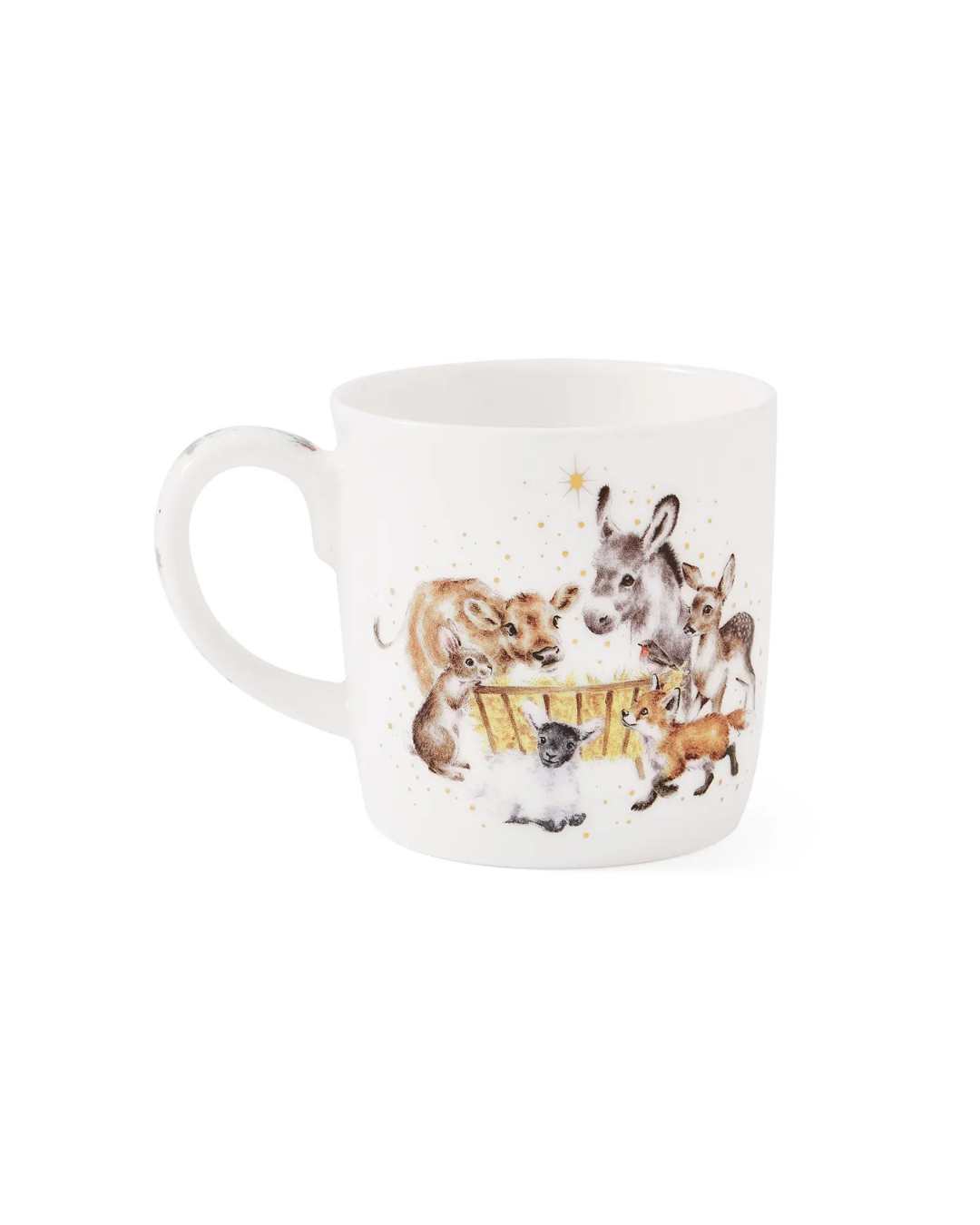 Die Rückseite der "Away in a Manger" Tasse von Wrendale Designs zeigt ebenfalls die Tiere rund um eine Krippe versammelt.