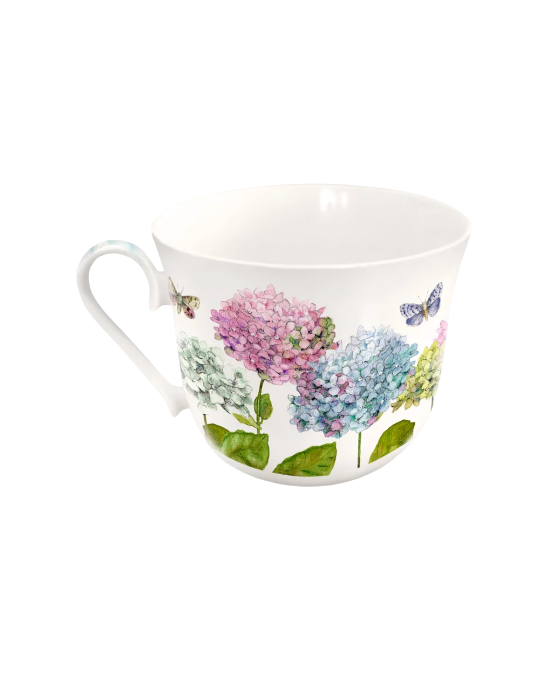 Rückseite der Hortensien Lieblingstasse vom Grätz Verlag vor weißem Hintergrund.