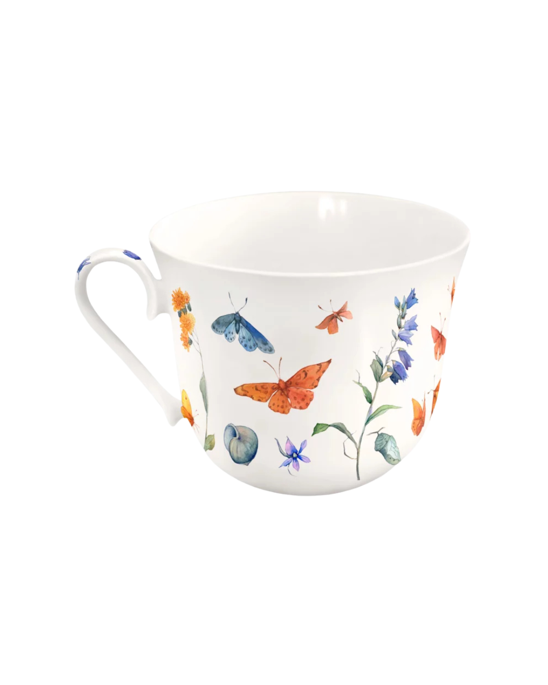 Rückseite der Schmetterlingswiesen Lieblingstasse vom Grätz Verlag mit vor weißem Hintergrund.