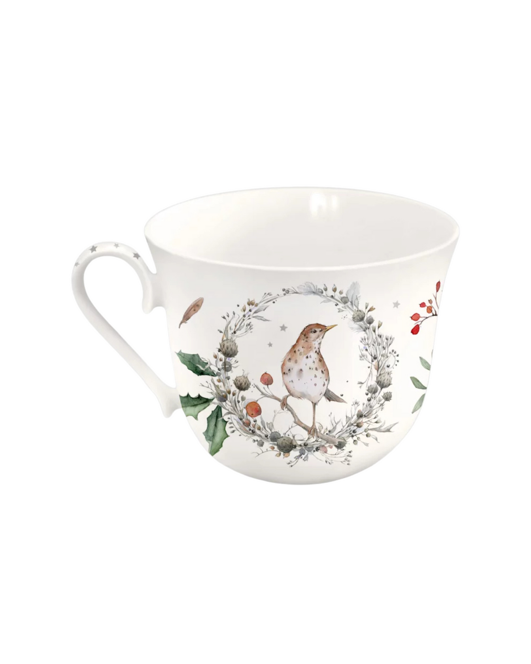 Rückseite der Winterkränze Lieblingstasse vom Grätz Verlag vor weißem Hintergrund.