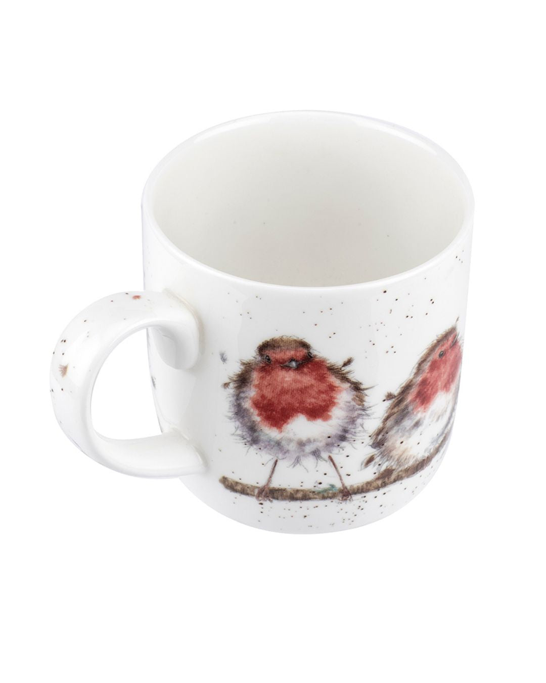Rückseite der Rotkehlchen Tasse mit den Rockin Robins von Wrendale Designs.