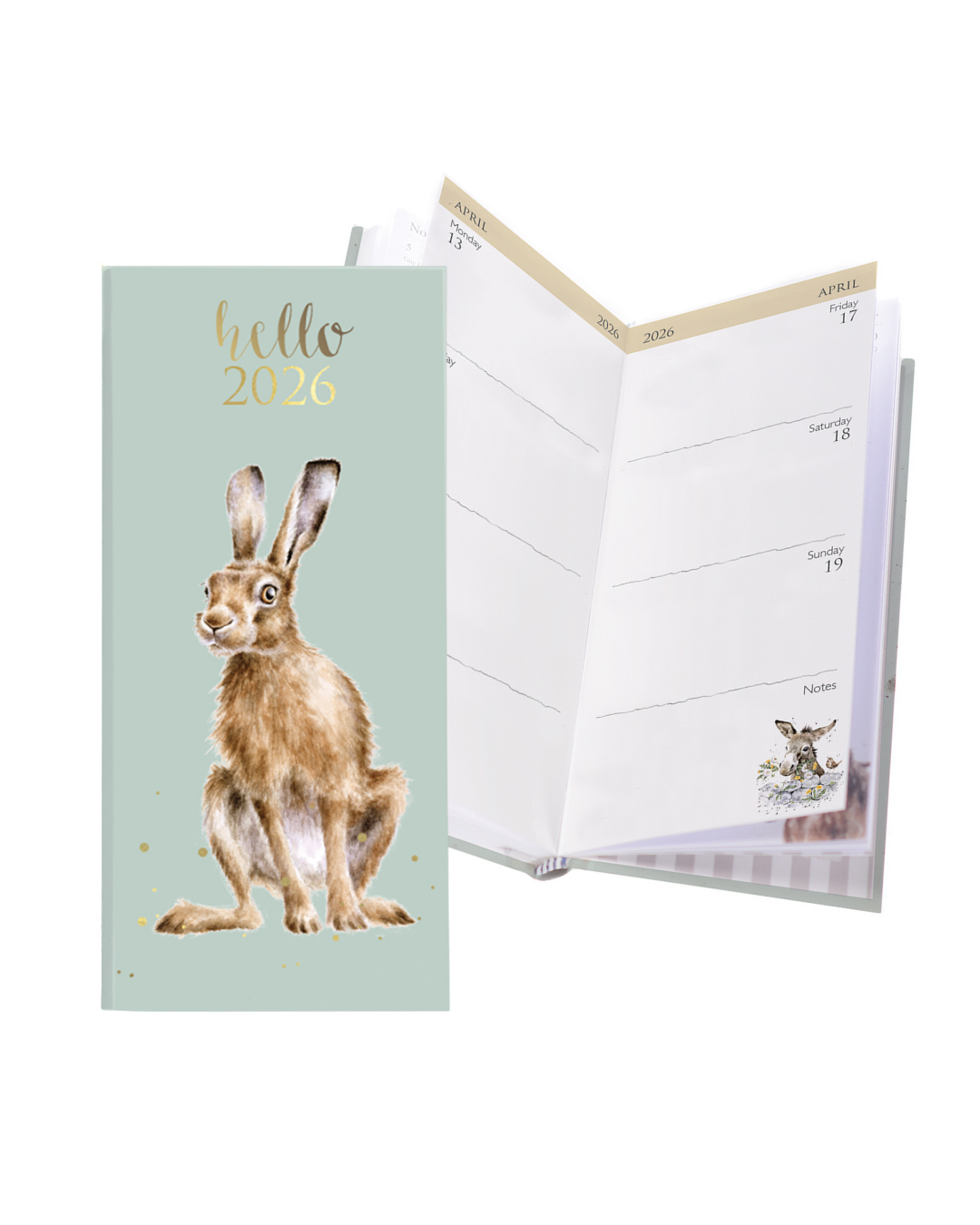 Schmaler Taschenkalender von Wrendale Designs für 2026 mit niedlichen ieren vom land als Motive.