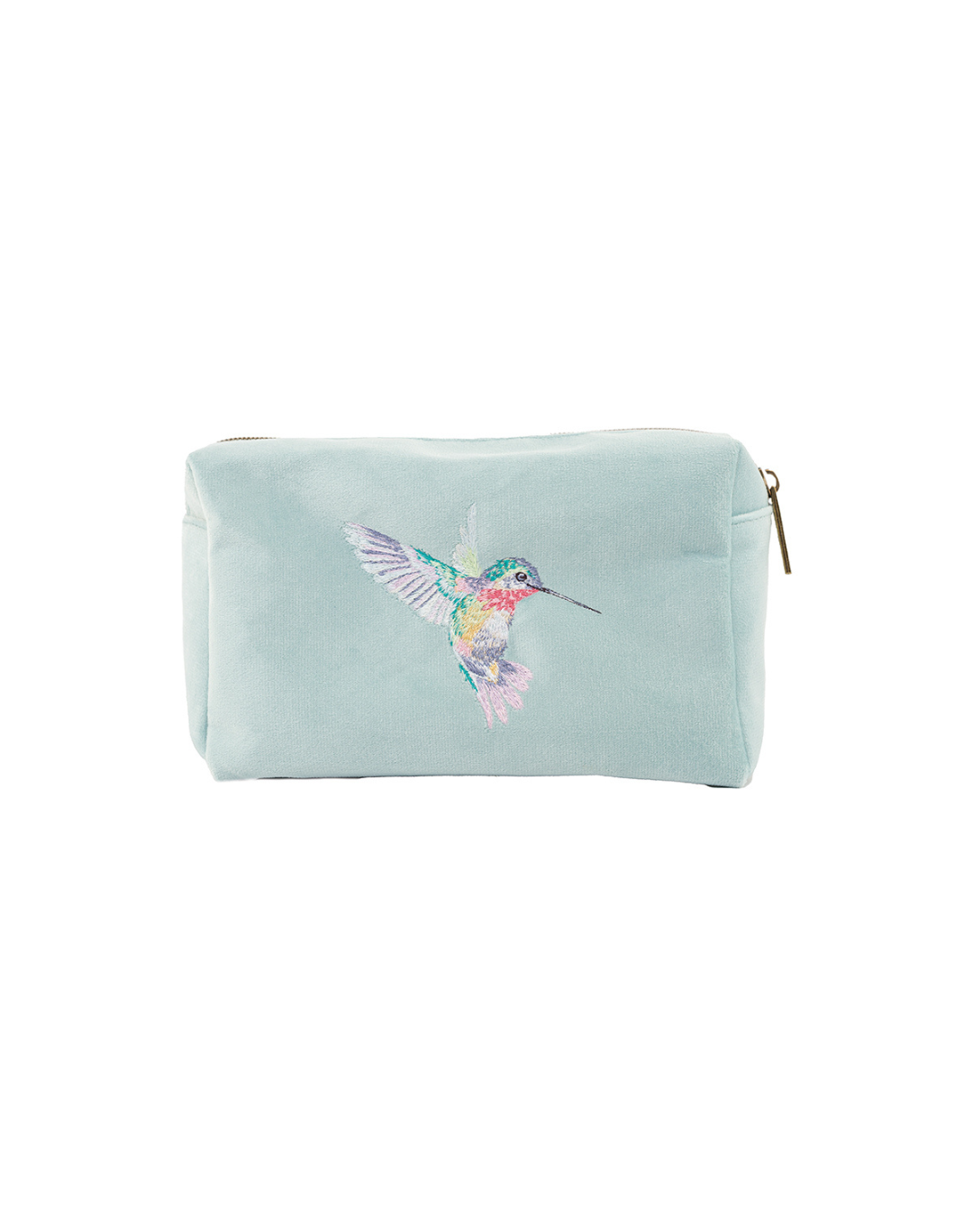 Türkisfarbene Schminktasche von Wrendale Designs mit gesticktem Kolibri auf Samtstoff.