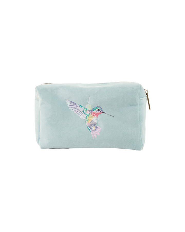 Türkisfarbene Schminktasche von Wrendale Designs mit gesticktem Kolibri auf Samtstoff.