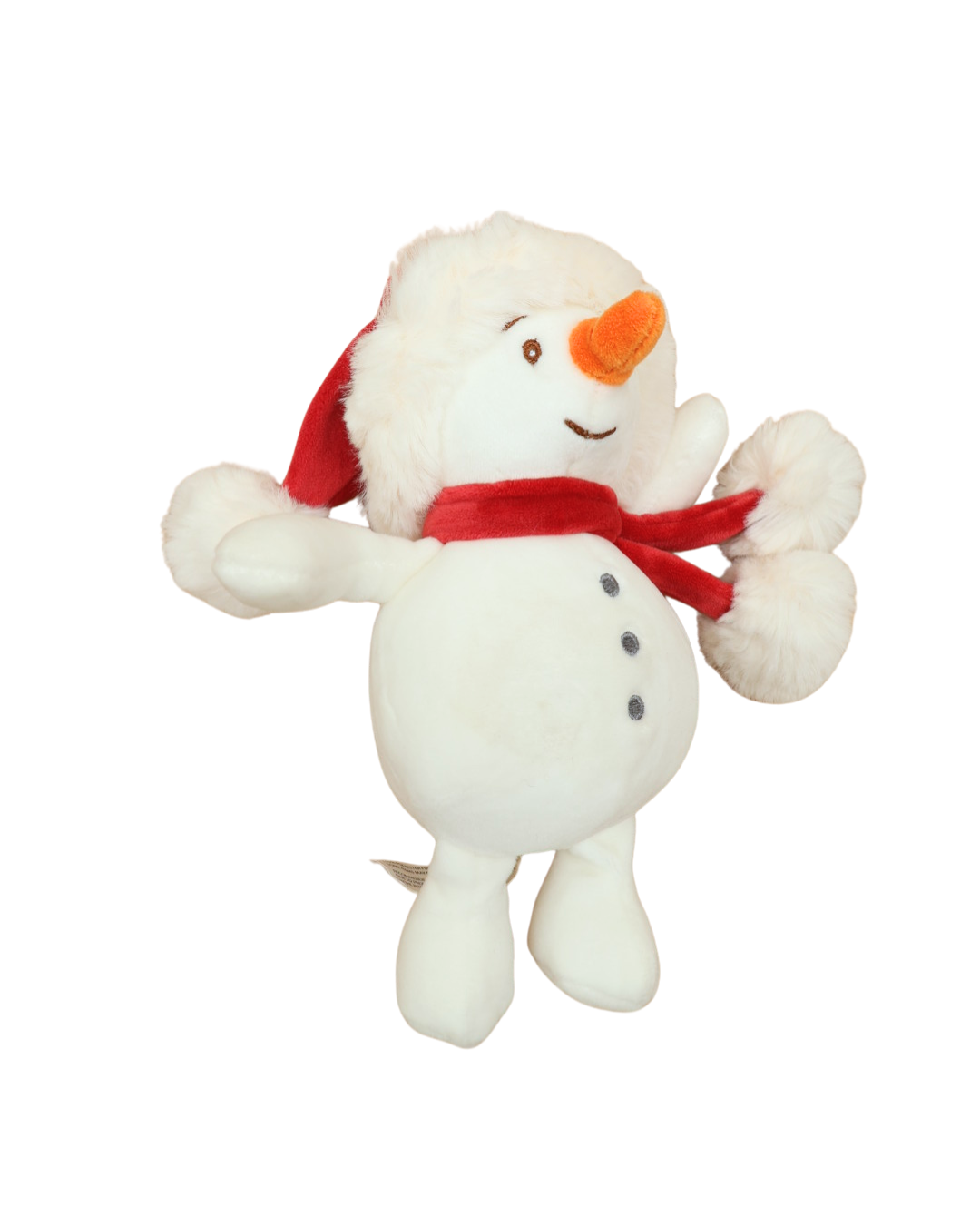 Seitliche Ansicht des Baby Snowman Kuscheltiers von Bukowski vor weißem Hintergrund.