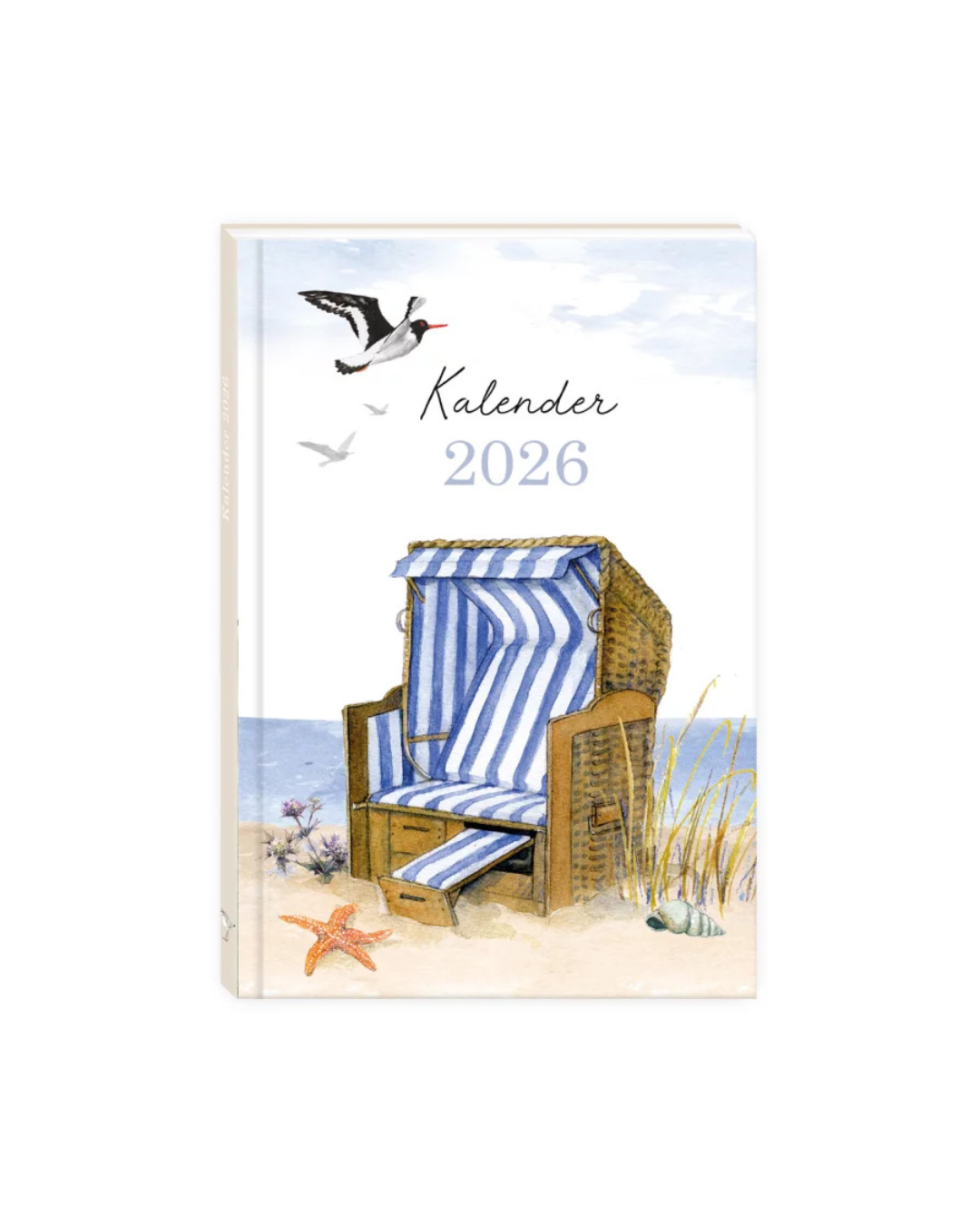 Taschenkalender 2026 vom Grätz Verlag mit Strandkorb auf dem Deckblatt über dem eine Möwe kreist.