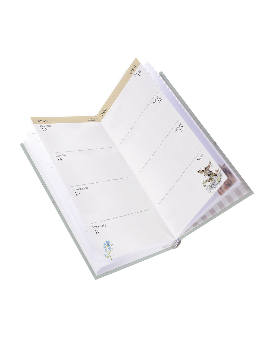 Im Inneren des Mini Taschenkalenders 2026 von Wrendale Designs ist die Tagesplanung für die ganze Woche auf zwei Seiten aufgeteilt.