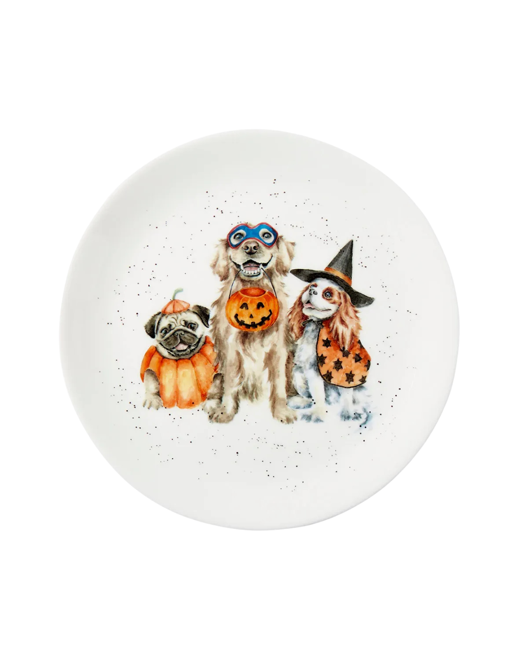 Frühstücksteller mit drei verkleideten Hunden im Halloween-Look von Wrendale Designs: Mops als Kürbis, Retriever mit Kürbiseimer und Cavalier King Charles Spaniel mit Hexenhut.