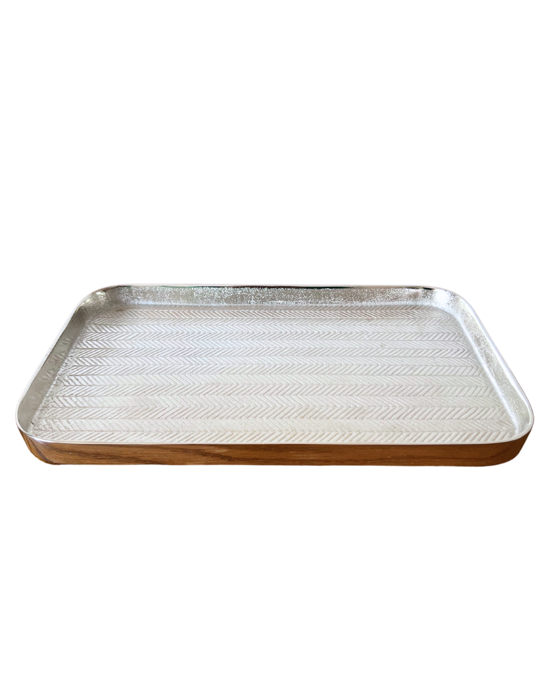 Silbernes The York Tablett von Rivièra Maison mit Fischgrät-Muster.