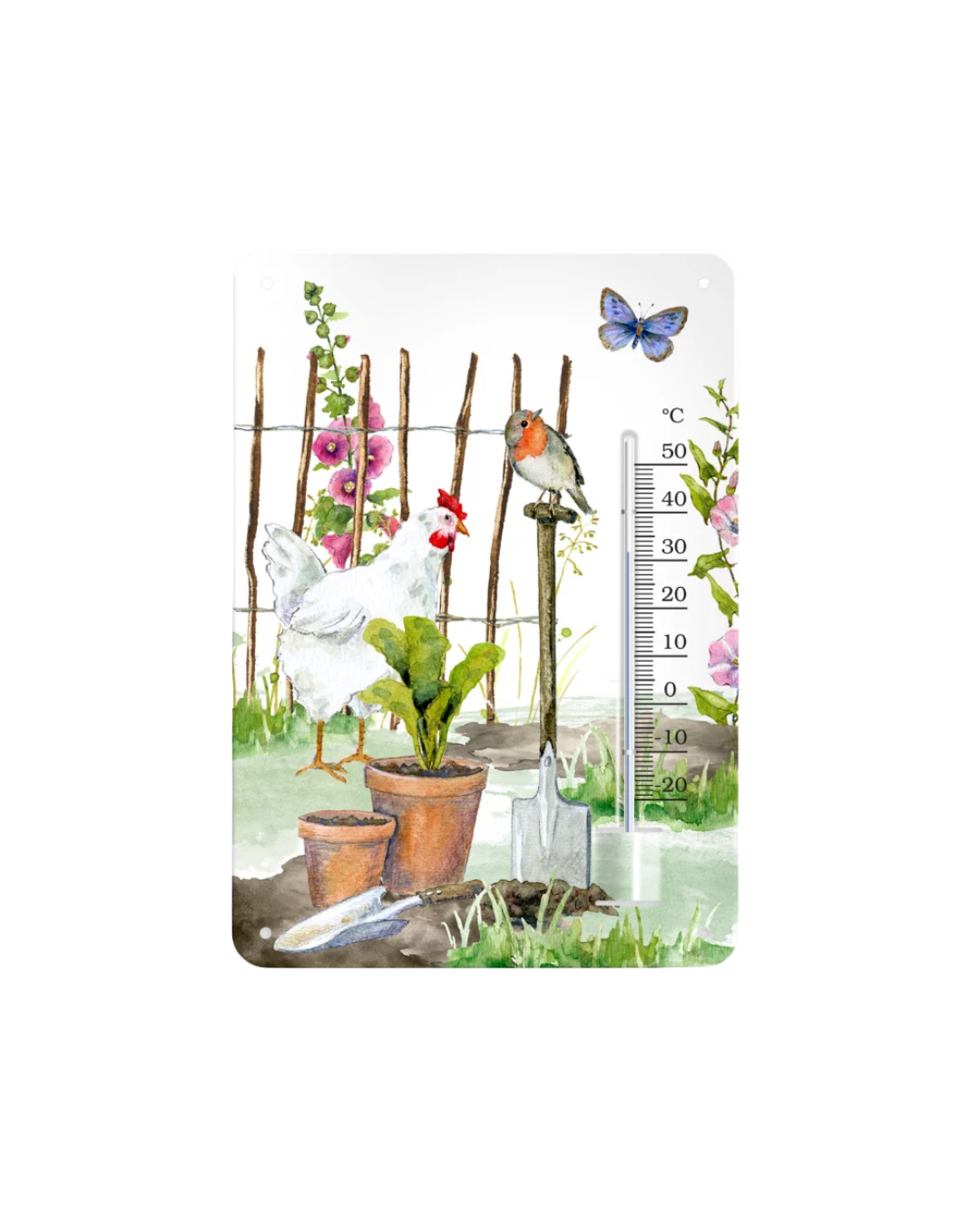 Metallschild Thermometer Garten Grätz Verlag mit Huhn, Blumentöpfen und Rotkehlchen von Daniela Drescher mit weißem Hintergrund.