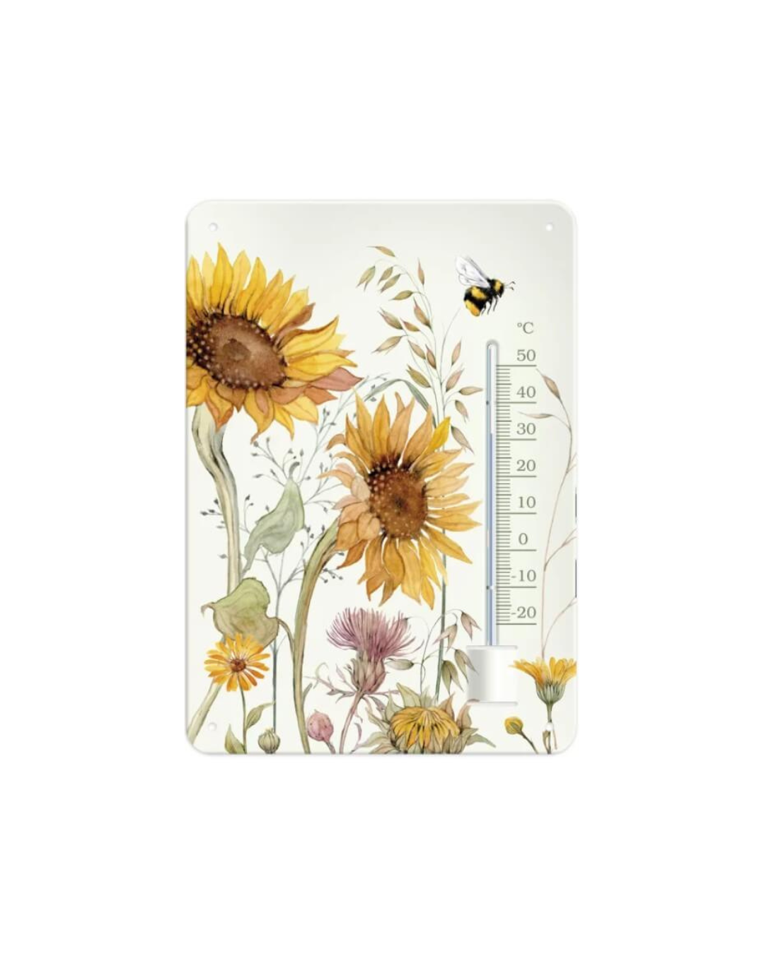 Thermometer mit Sonnenblumen und Hummel vom Grätz Verlag vor weißem Hintergrund.