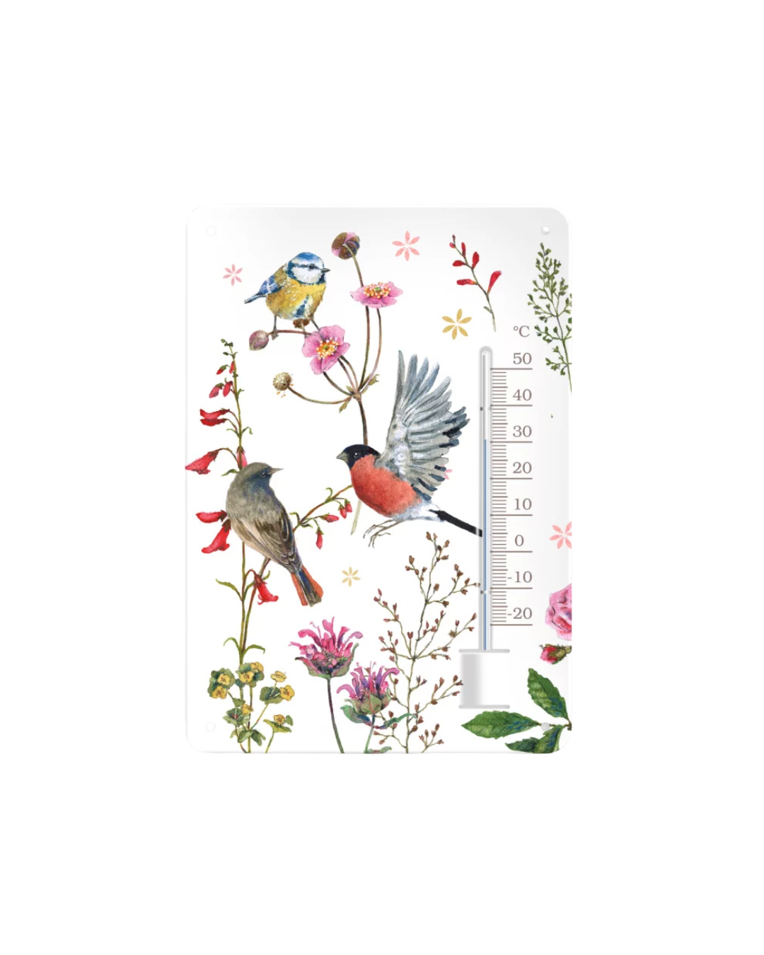 Thermometer Zeit für Harmonie vom Grätz Verlag mit Blumen und Vögeln als Motiv vor weißem Hintergrund.