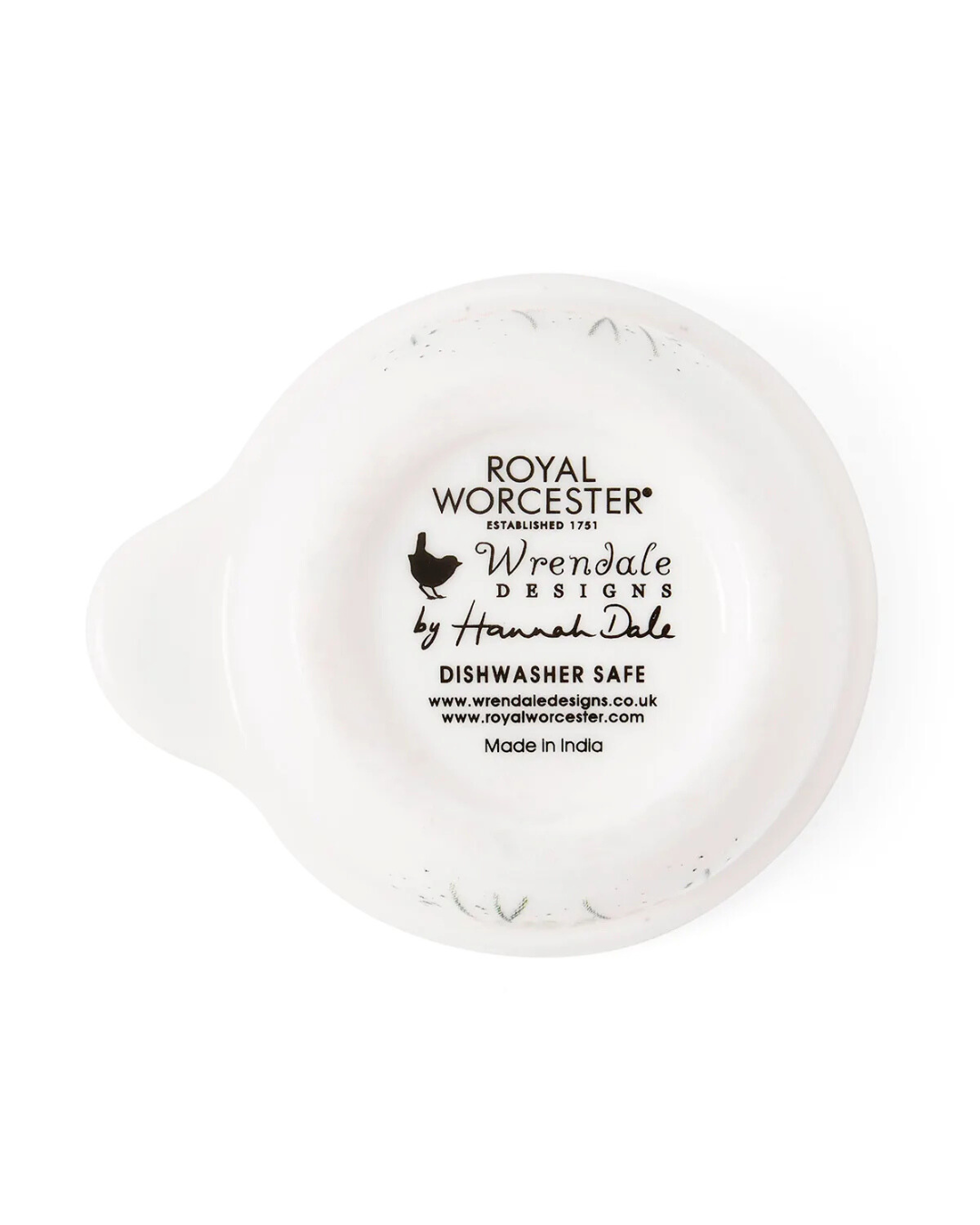 Unterseite eines Wrendale Designs Messbechers aus Porzellan mit Royal Worcester Logo und Angaben zur Spülmaschinentauglichkeit.