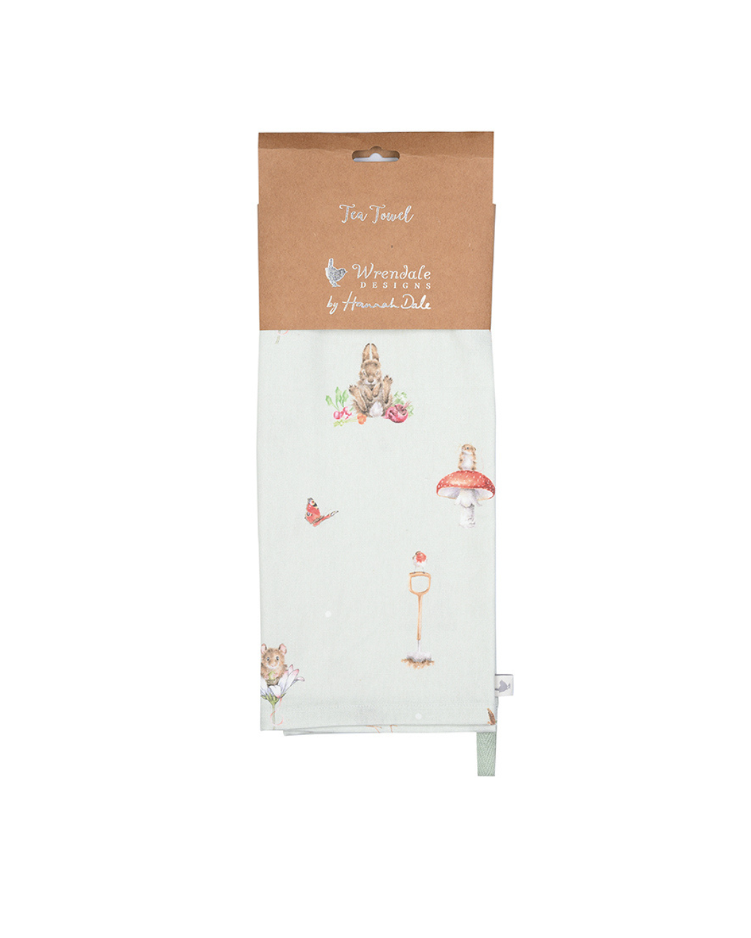 Verpacktes Geschirrtuch „Gartentiere“  von Wrendale Designs mit Illustrationen von Hannah Dale vor weißem Hintergrund.