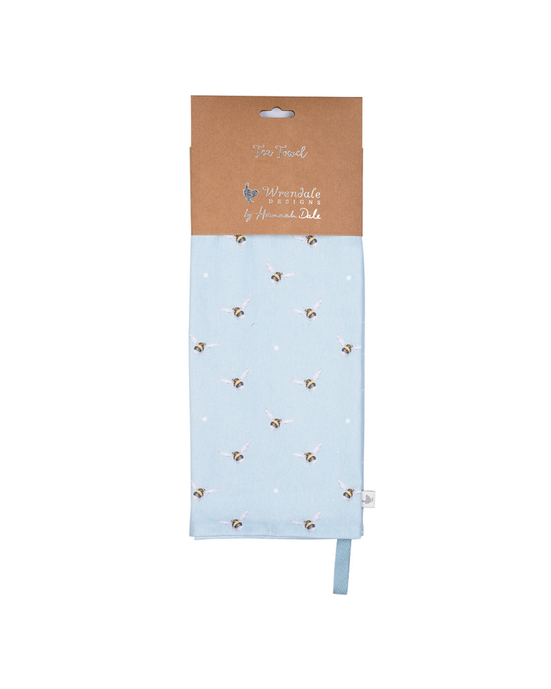 Verpacktes Geschirrtuch „Hummel“ von Wrendale Designs mit Hummel-Muster auf Hellblau vor weißem Hintergrund.