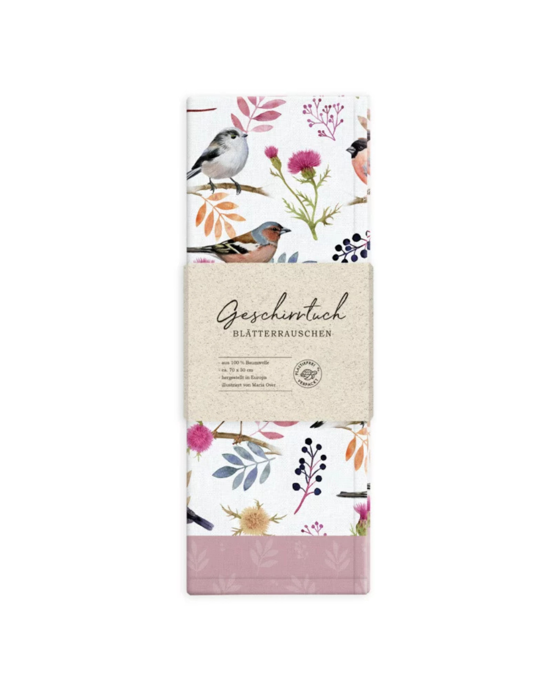 Verpackung des Geschirrtuchs Blätterrauschen vom Grätz Verlag. Detail mit Vogelmotiven und bunten Blättern auf weißem Hintergrund, Illustration von Maria Over.