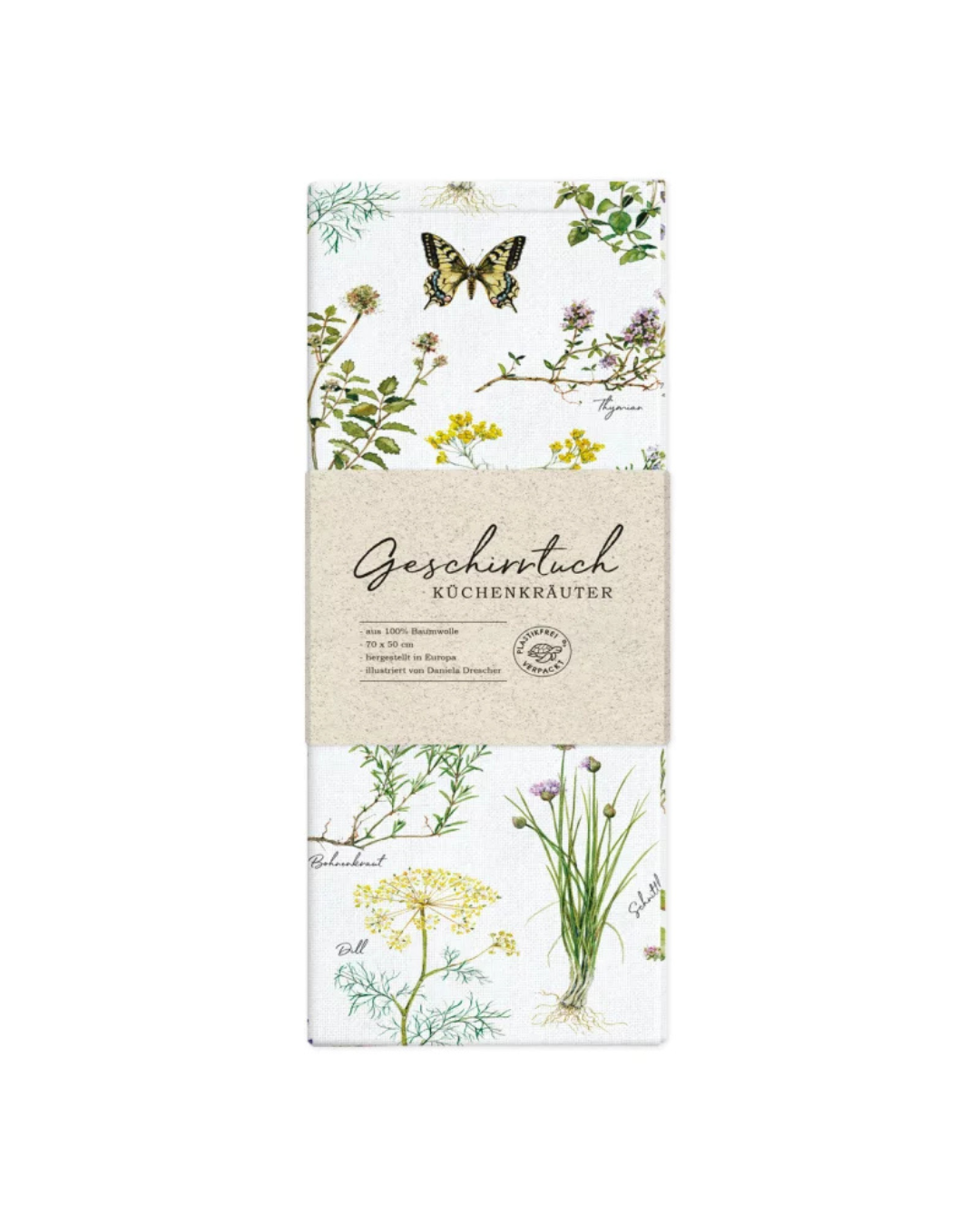 Verpacktes Geschirrtuch Kräuter vom Grätz Verlag, mit Sicht auf die liebevollen Kräuter-Illustrationen und das Etikett mit der Aufschrift „Geschirrtuch Küchenkräuter“.