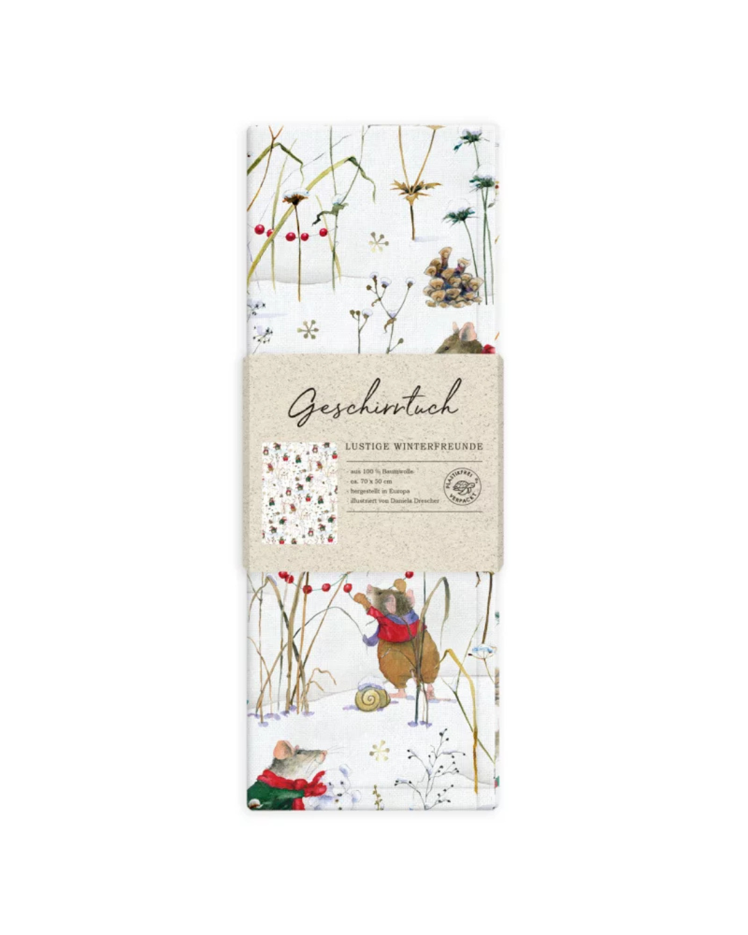 Verpacktes Geschirrtuch Lustige Winterfreunde vom Grätz Verlag vor weißem Hintergrund mit Mäusen im Schnee, illustriert von Daniela Drescher.