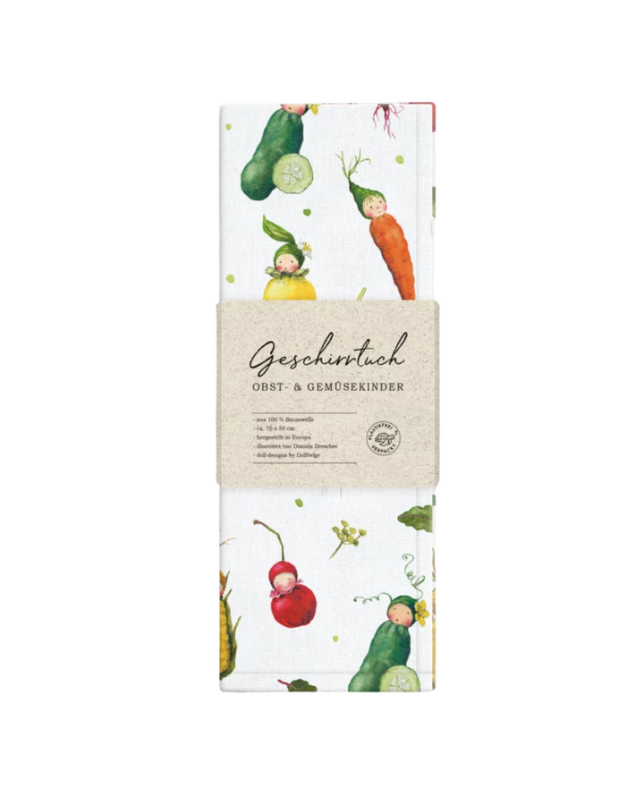 Detailansicht der Verpackung des Geschirrtuchs „Obst- und Gemüsekinder“ vom Grätz Verlag vor weißem Hintergrund mit Obst- und Gemüsefiguren nach Dollebelge, illustriert von Daniela Drescher.