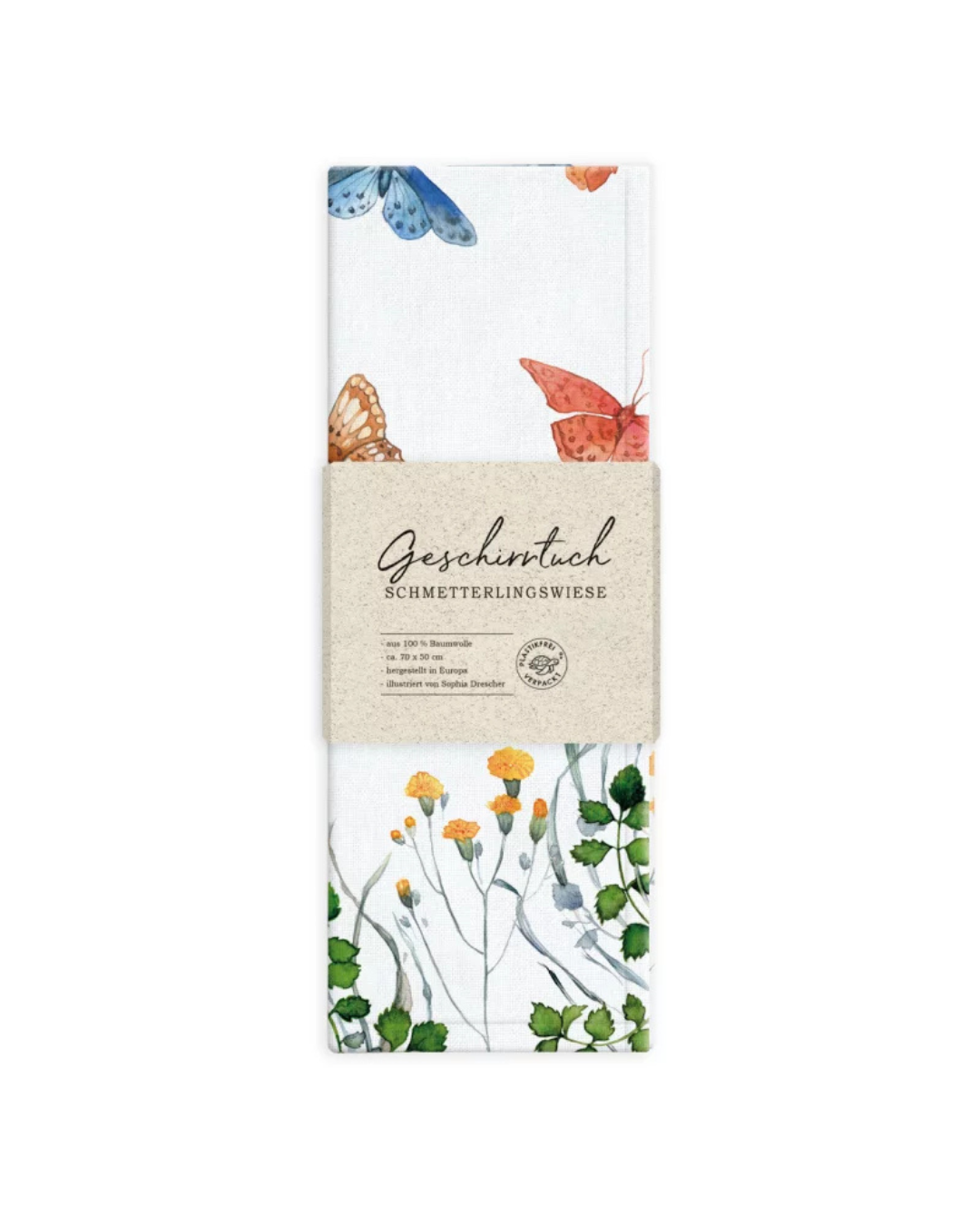 Verpacktes Geschirrtuch „Schmetterlingswiese“ vom Grätz Verlag vor weißem Hintergrund mit Schmetterlings- und Blumen-Illustration von Sophia Drescher.