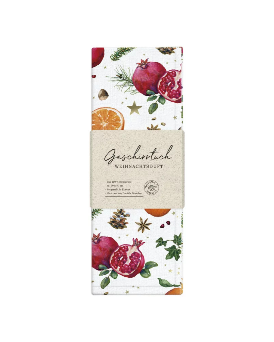 Verpackung des Geschirrtuchs Weihnachtsduft vom Grätz Verlag vor weißem Hintergrund, Motiv von Daniela Drescher mit Granatapfel und Orange im Detail.