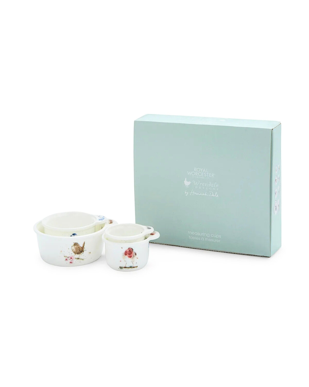 Porzellan Messbecher Vögel von Wrendale Designs in Geschenkverpackung neben hellgrüner Box.