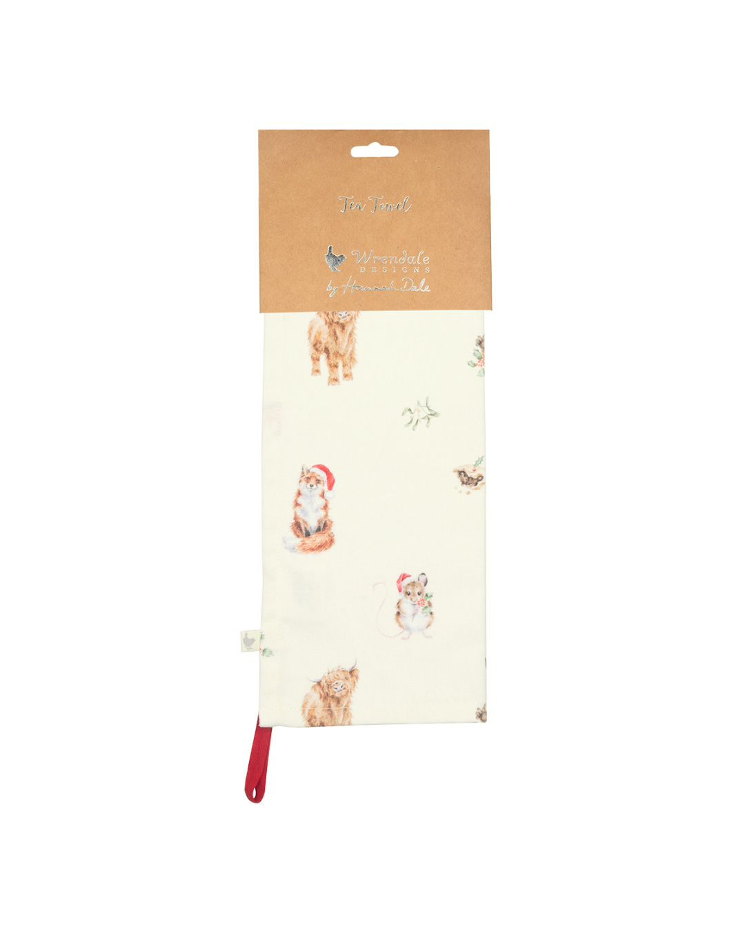 Gefaltetes Woodlanders Geschirrtuch in seiner Verpackung mit braunem Papierkarton und Sicht auf die Tiermotive, vor weißem Hintergrund fotografiert.