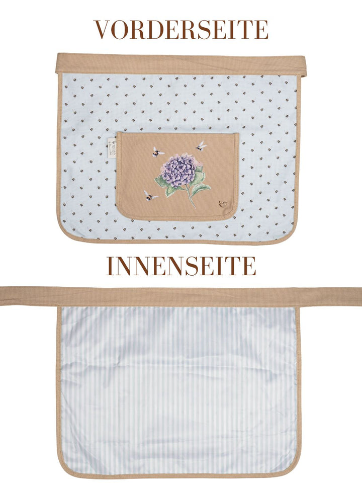 Vorder- und Rückseite der Hummel und Hortensien Gartenschürze von Wrendale Designs