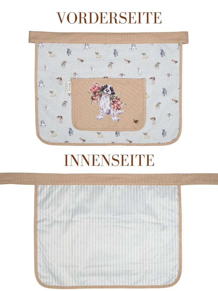 Vorder- und Rückseite der Hunde Gartenschürze von Wrendale Designs.