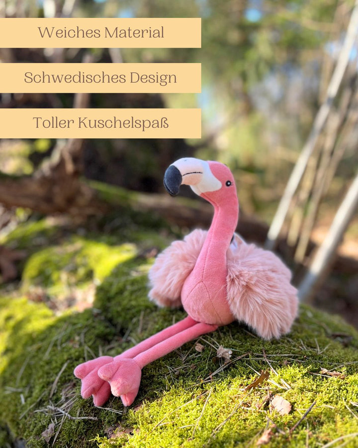 Super weicher Flamingo namens Phoebe von der schwedischen Marke Bukowski für tollen Kuschelspaß.