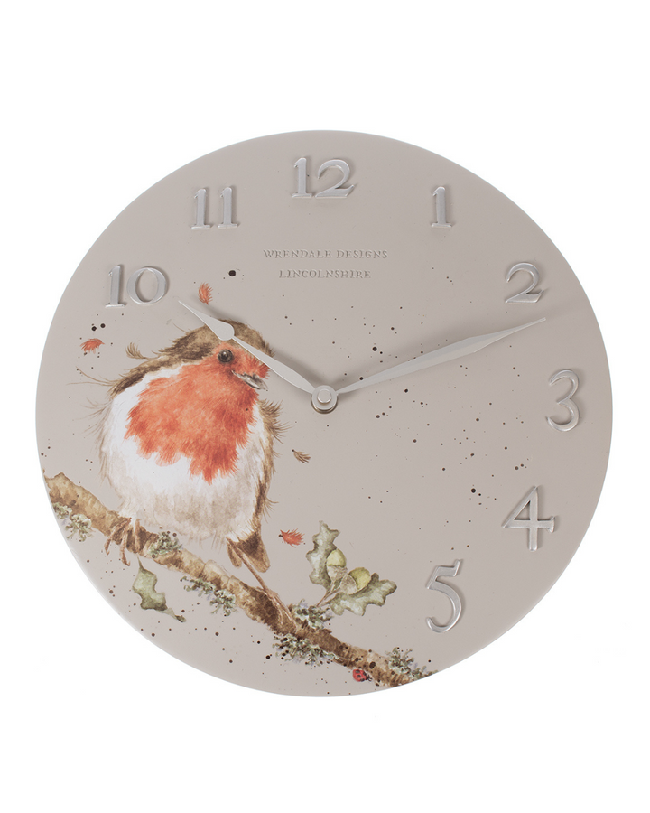 Wanduhr mit Rotkehlchen-Motiv von Wrendale Designs.