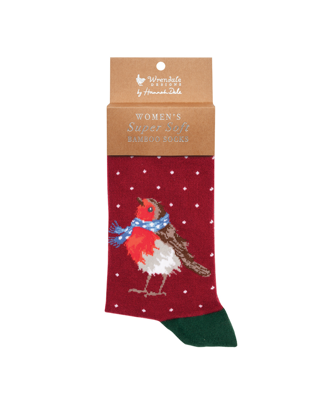 Weihnachtliche Rotkehlchen Frauensocken von Wrendale Designs.
