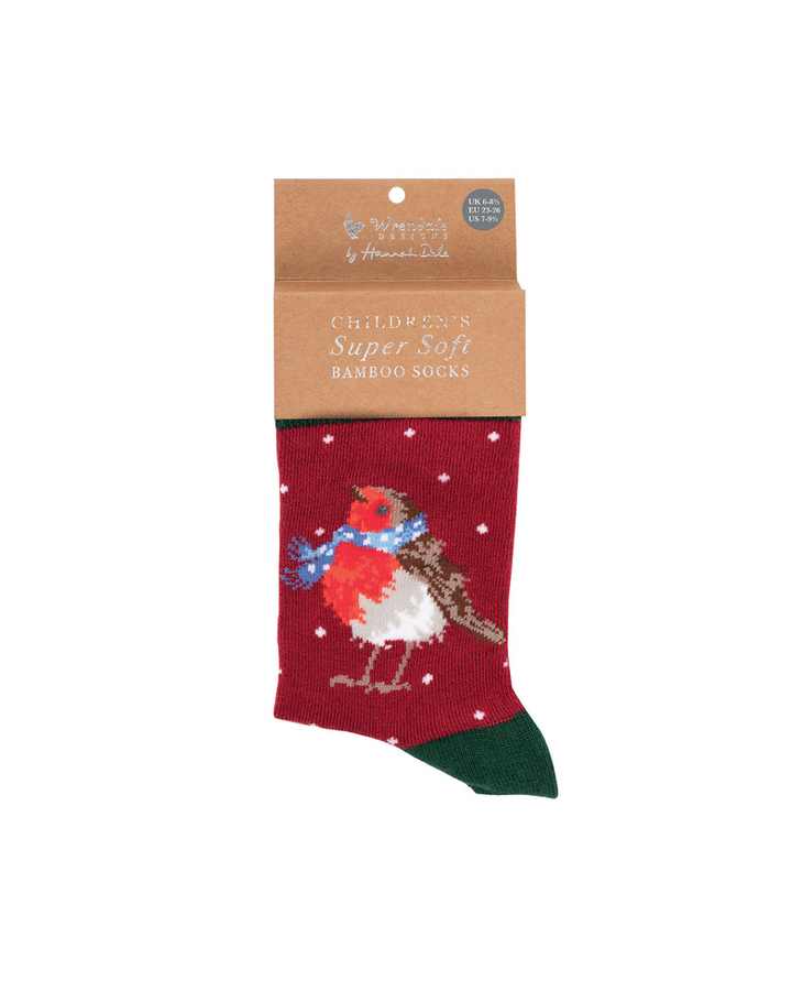 Weihnachtliche Rotkehlchen Socken für 2-4 jährige Kinder von Wrendale Designs.