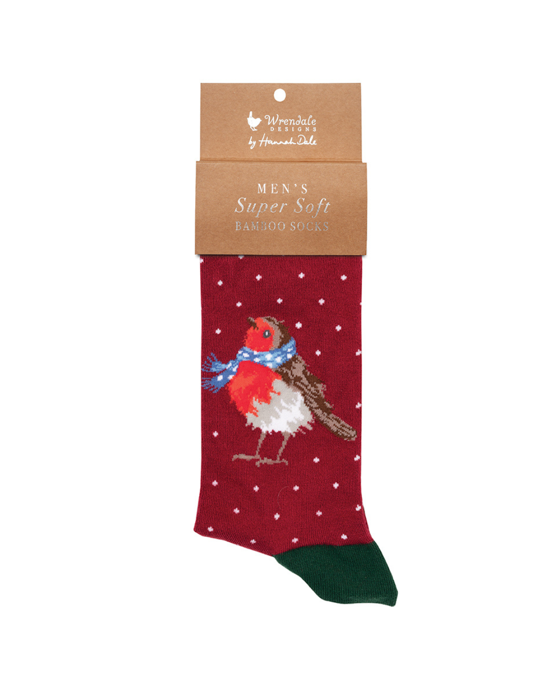 Weihnachtliche Rotkehlchen Männersocken von Wrendale Designs.