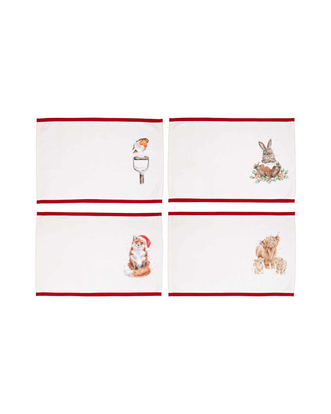 Vier weihnachtliche Tischsets „Winter Woodland“ von Wrendale Designs nebeneinander angeordnet. Die Motive zeigen ein Rotkehlchen, einen Hasen, einen Fuchs mit Weihnachtsmütze und Hochlandkühe, alle mit rotem Rand und in sanften Winterfarben gestaltet.