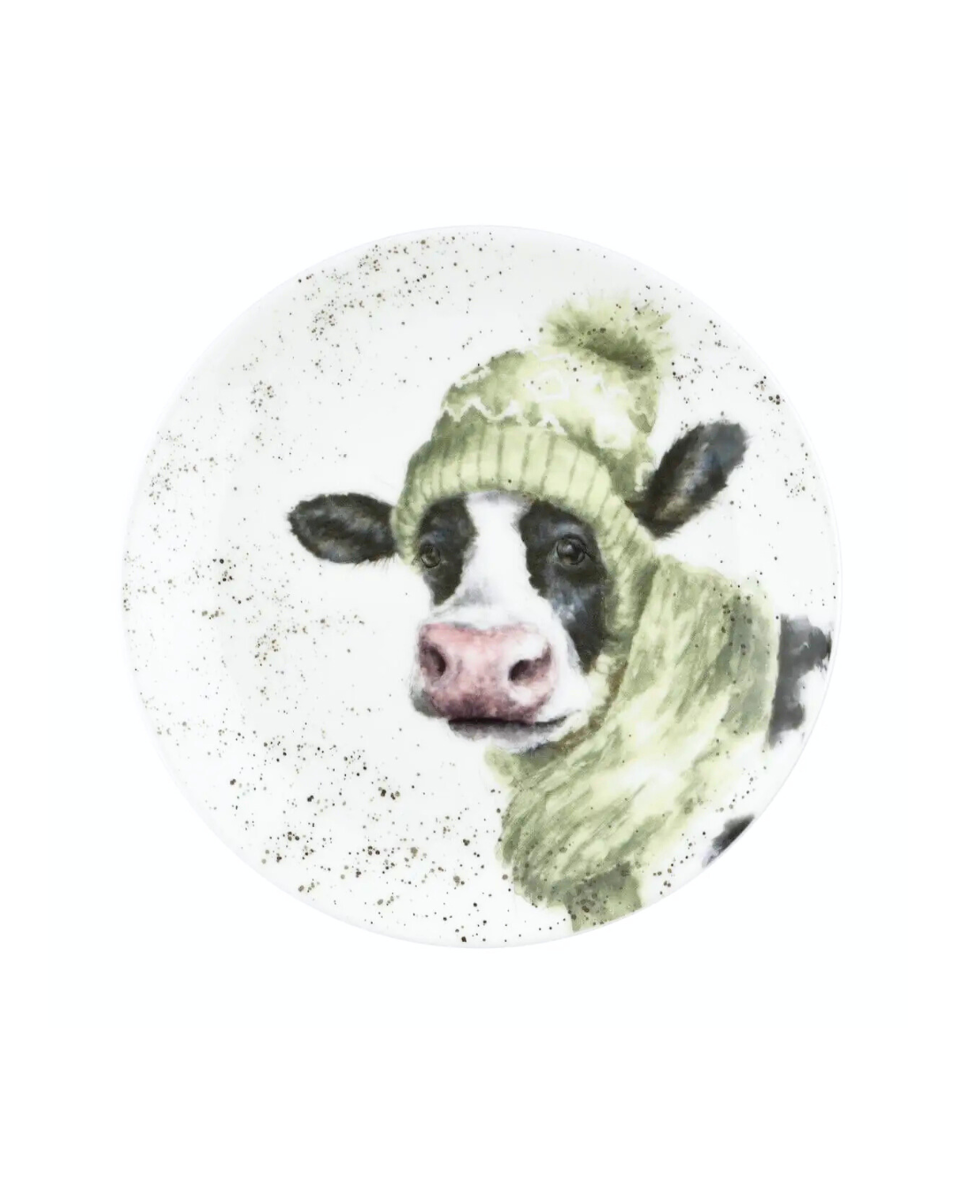 Frühstücksteller mit Illustration einer Kuh mit Mütze & Schal von Wrendale Designs vor weißem Hintergrund.