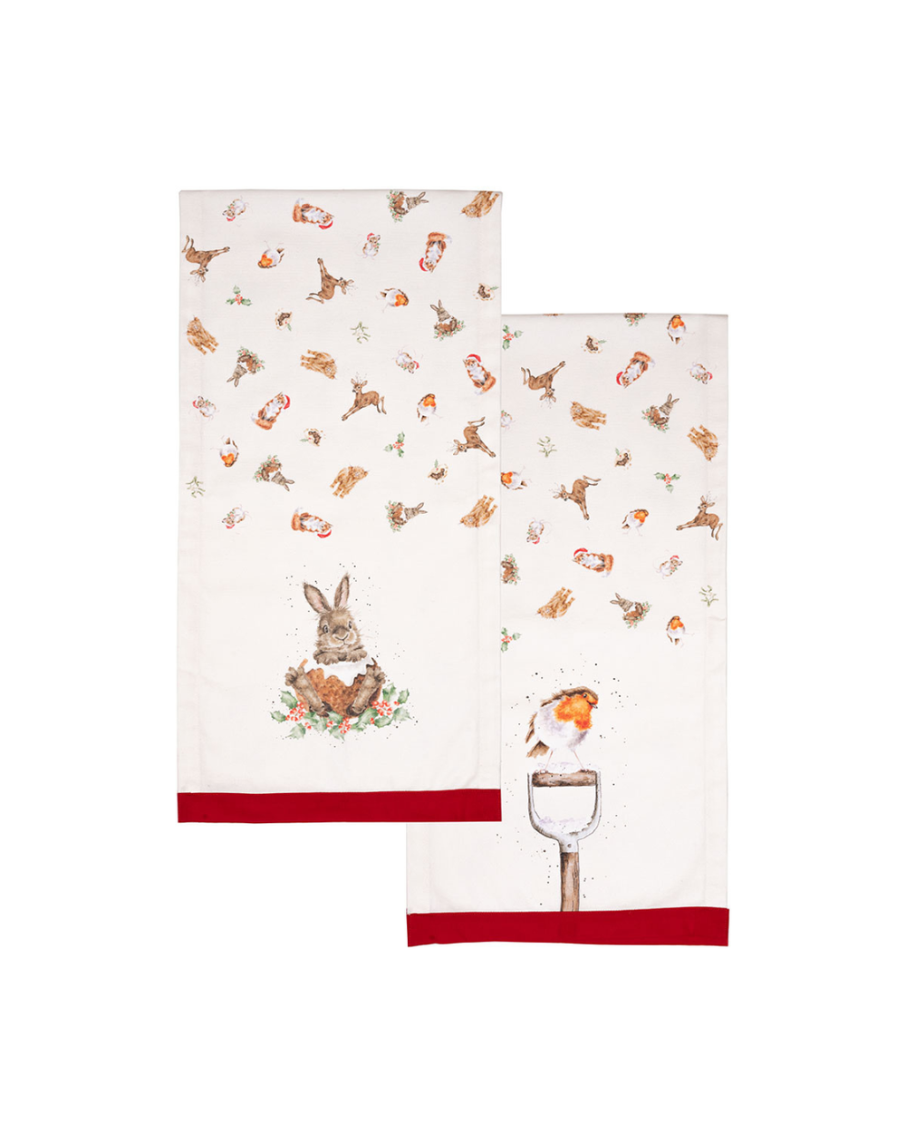 Nahaufnahme des Tischläufers mit beiden Seiten: einmal Hasenmotiv und einmal Rotkehlchenmotiv. Dargestellt vor weißem Hintergrund.