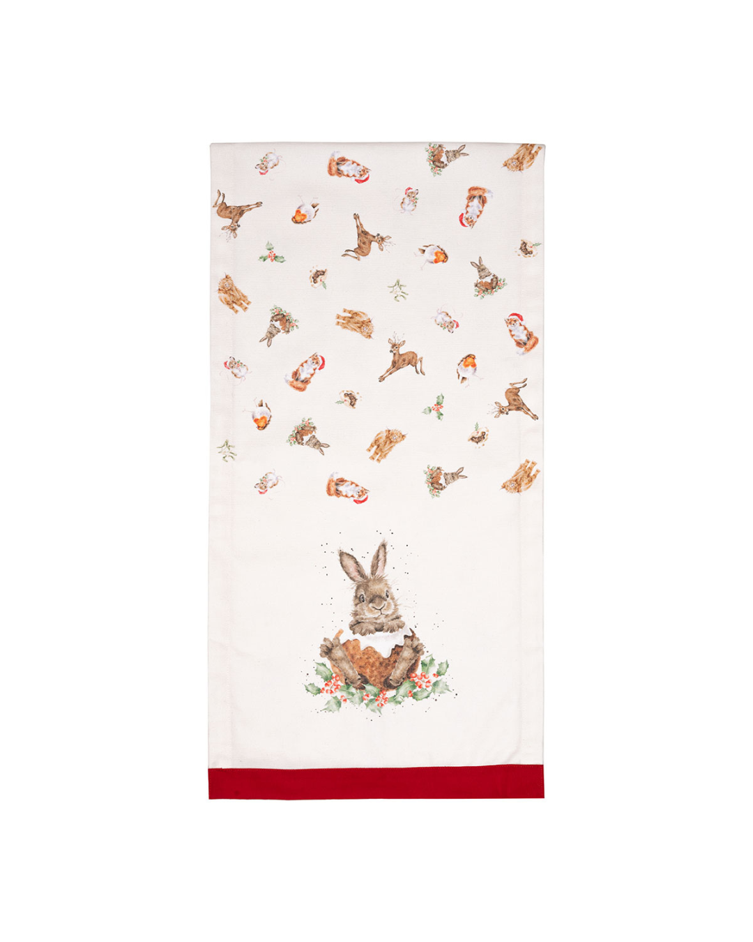 Nahaufnahme des Tischläufers mit Hasenmotiv und roten Randdetails vor weißem Hintergrund.
