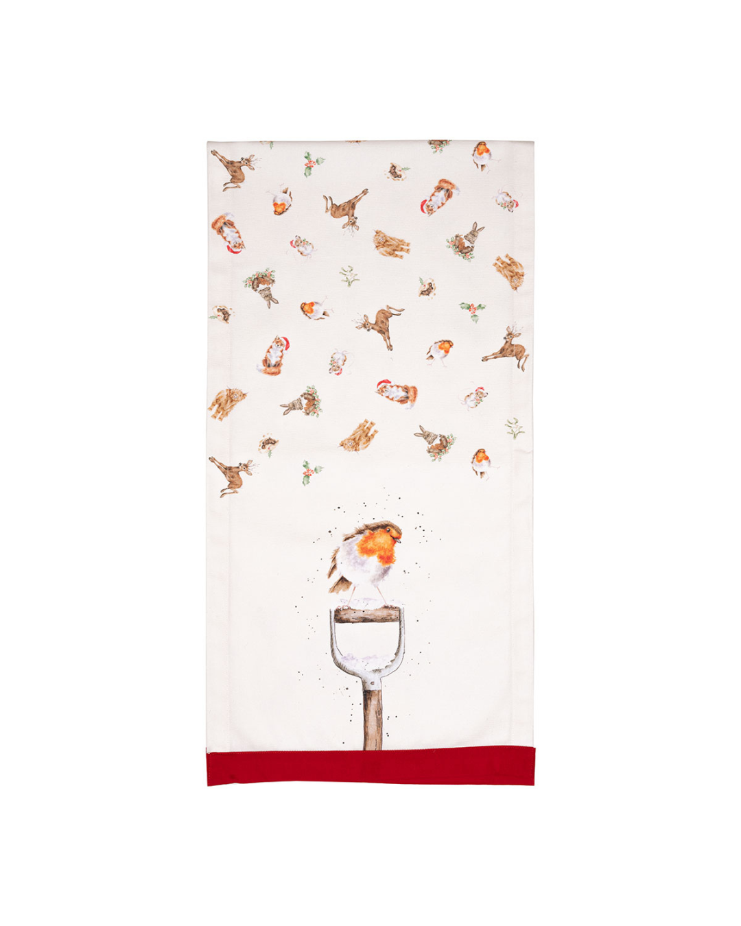Nahaufnahme des Tischläufers mit Rotkehlchenmotiv und roten Randdetails vor weißem Hintergrund.