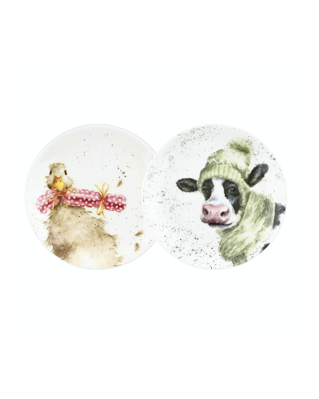 Frühstücksteller-Set „Ente & Kuh“ von Wrendale Designs nebeneinander vor weißem Hintergrund.